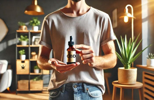 Eine Person mit einer Flasche CBD-Öl