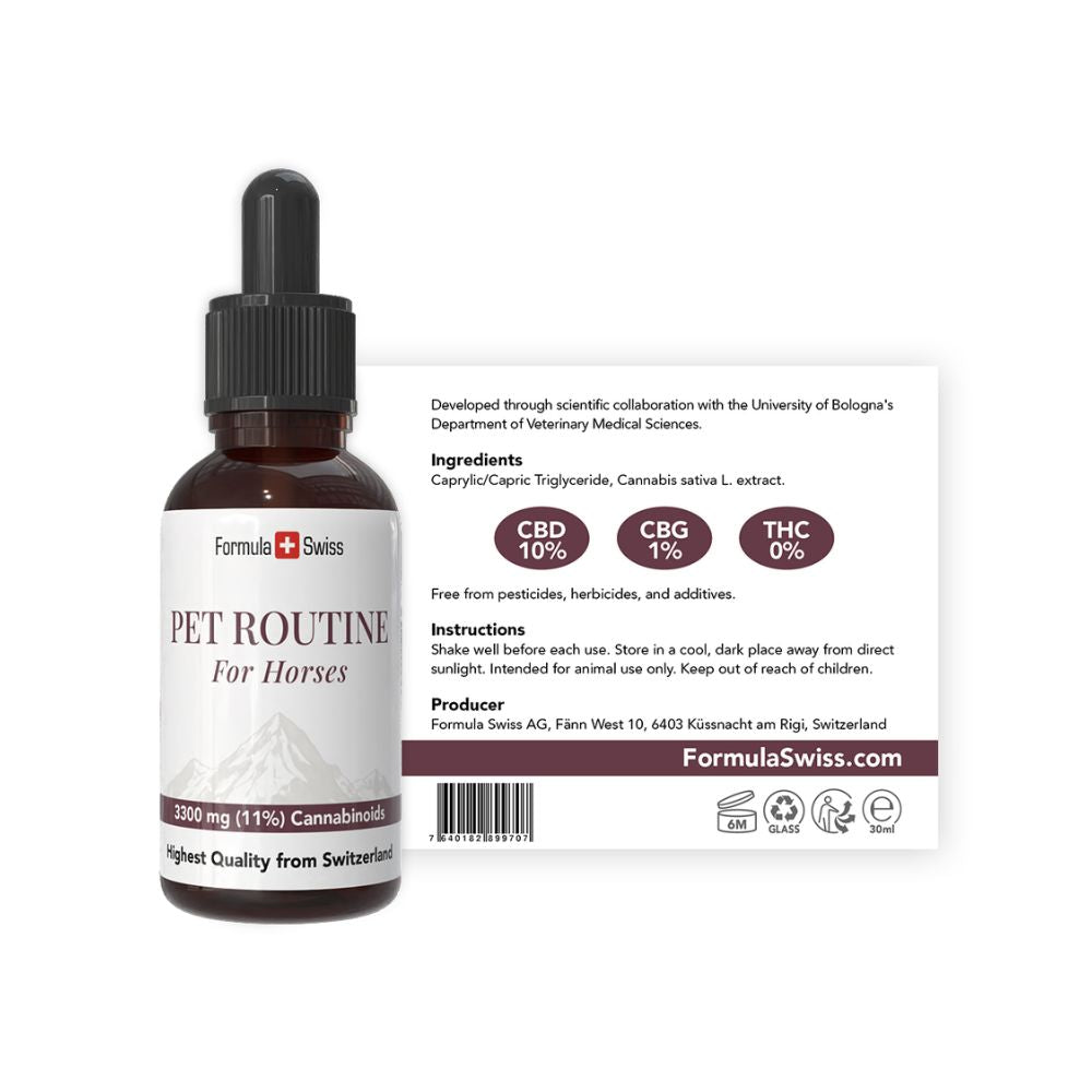 Formula Swiss Pet Routine für Pferde – CBD-Öl mit 10 % CBD: Flasche mit Etikett