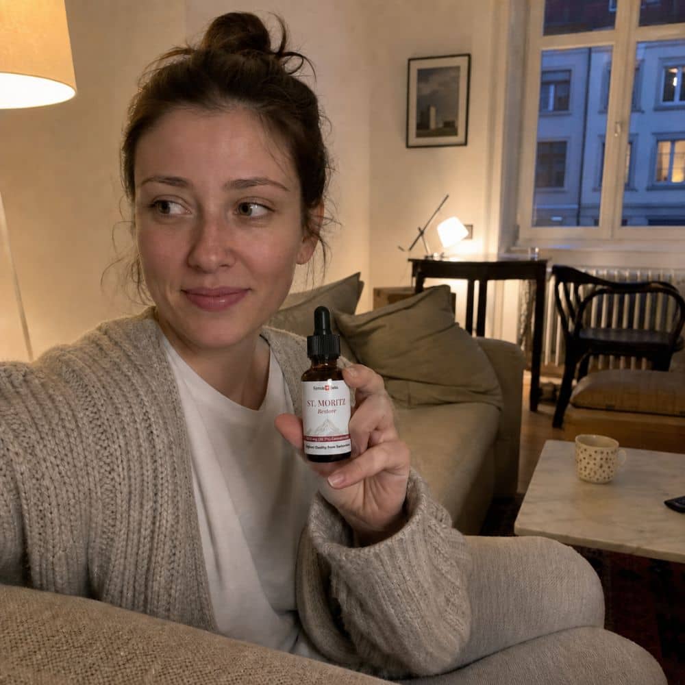 Frau hält eine Flasche CBD-Öl St. Moritz im Wohnzimmer