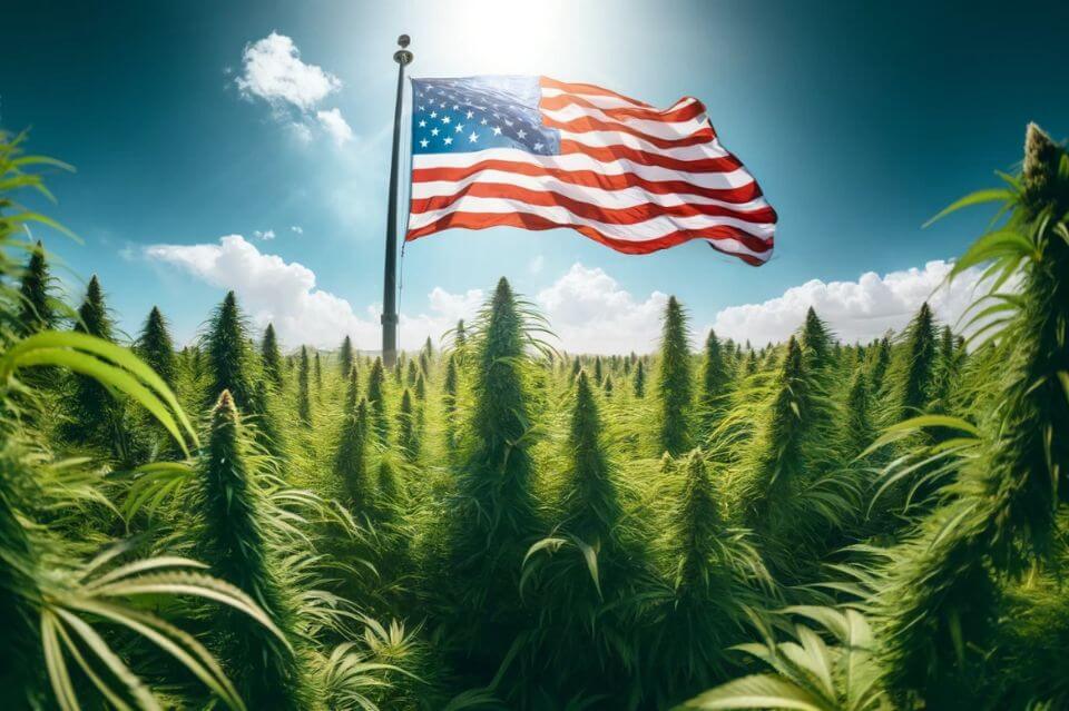 Wehende amerikanische Flagge in einem Cannabisfeld
