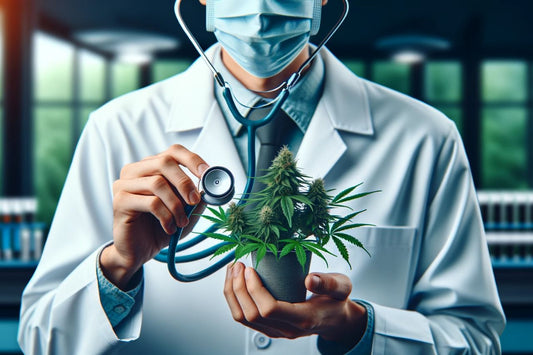 Ein Arzt hält eine Cannabispflanze