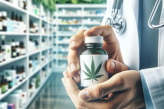 Ein Arzt hält eine Flasche mit Cannabisöl