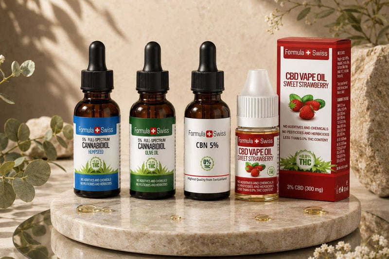 5-%-CBD-Öle von Formula Swiss in Hanfsamenöl und Olivenöl, CBN-Öl 5 % und ein CBD-Vape-Öl mit Erdbeergeschmack auf einem Marmorständer