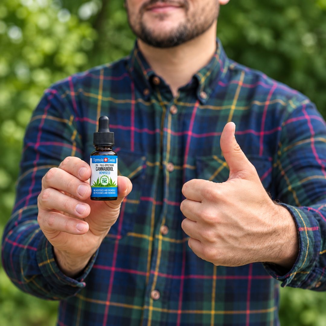 Person hält eine Flasche Formula Swiss CBD-Öl in Hanfsamenöl und zeigt den Daumen nach oben