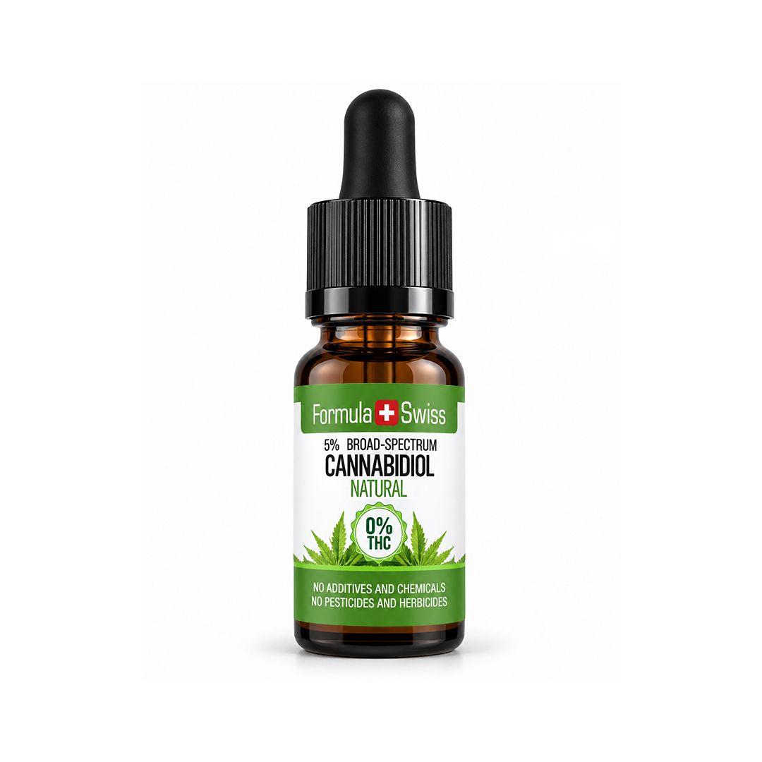 10-ml-Braunglasflasche mit Pipette: Formula Swiss CBD-Öl Natur, 5 % Breitspektrum, weiss-grünes Etikett