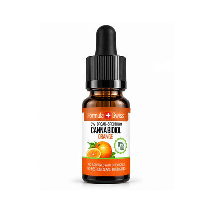 Braunglas-Pipettenflasche Formula Swiss CBD-Öl Orange mit schwarzem Verschluss und orange-weissem Etikett