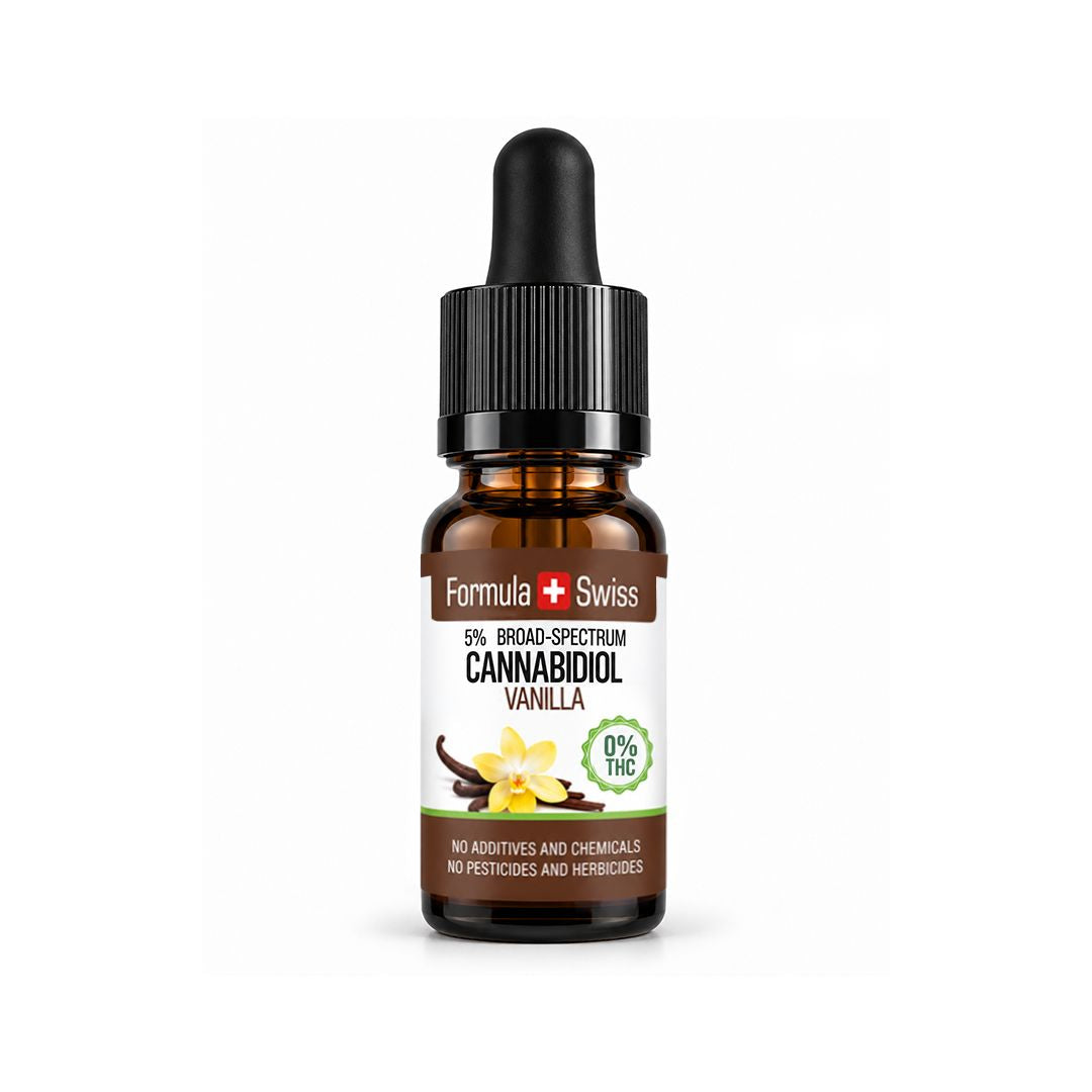 Braunglas-Pipettenflasche Formula Swiss CBD-Öl Vanille, 5 % Breitspektrum, weisses Etikett mit Vanilleblüten