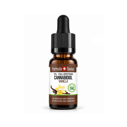 Braunglas-Pipettenflasche Formula Swiss CBD-Öl Vanille, 5 % Vollspektrum, weisses Etikett mit Vanilleblüten