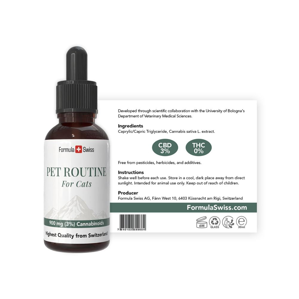 Flasche CBD-Öl für Katzen von Formula Swiss mit Pipette auf weißem Hintergrund