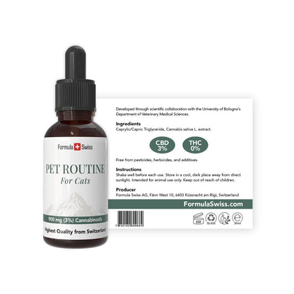 Flasche CBD-Öl für Katzen von Formula Swiss mit Pipette auf weißem Hintergrund