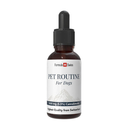 Flasche Pet Routine für Hunde mit weißem Etikett auf weißem Hintergrund
