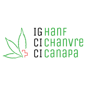 IG Hanf Cannabis Industry Association Logo mit einem grünen Hanfblatt, Schweizer Kreuz und mehrsprachigem Namen.