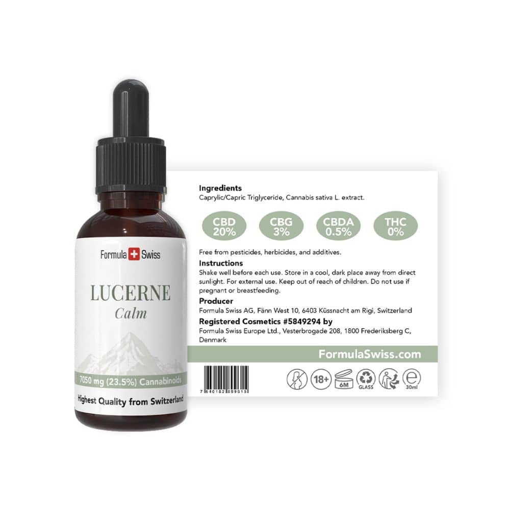 Formula Swiss Lucerne Calm – CBD-Öl 23,5 % THC-frei: Flasche mit Etikett