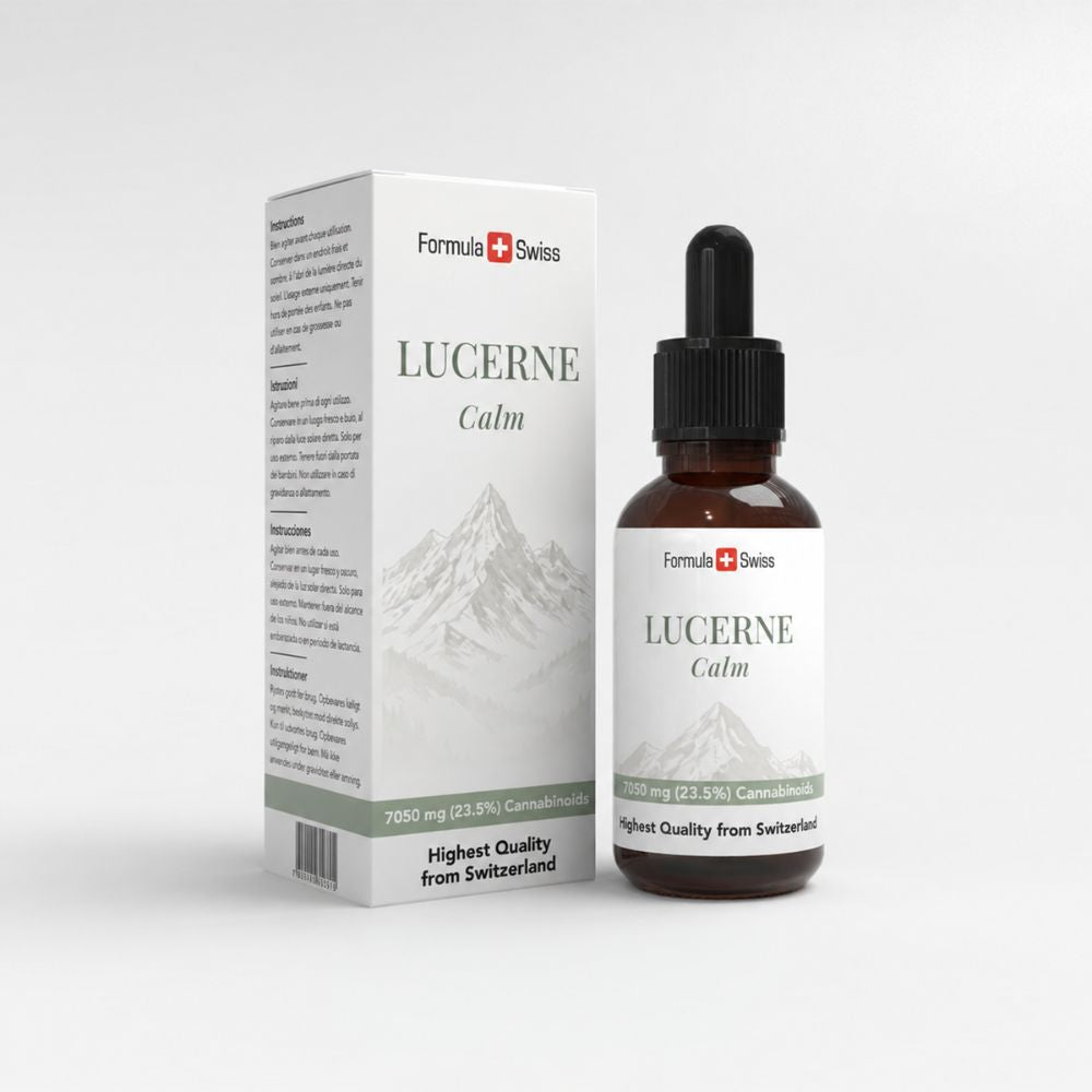 Formula Swiss Lucerne Calm – CBD-Öl 23,5 % THC-frei: Flasche und Schachtel
