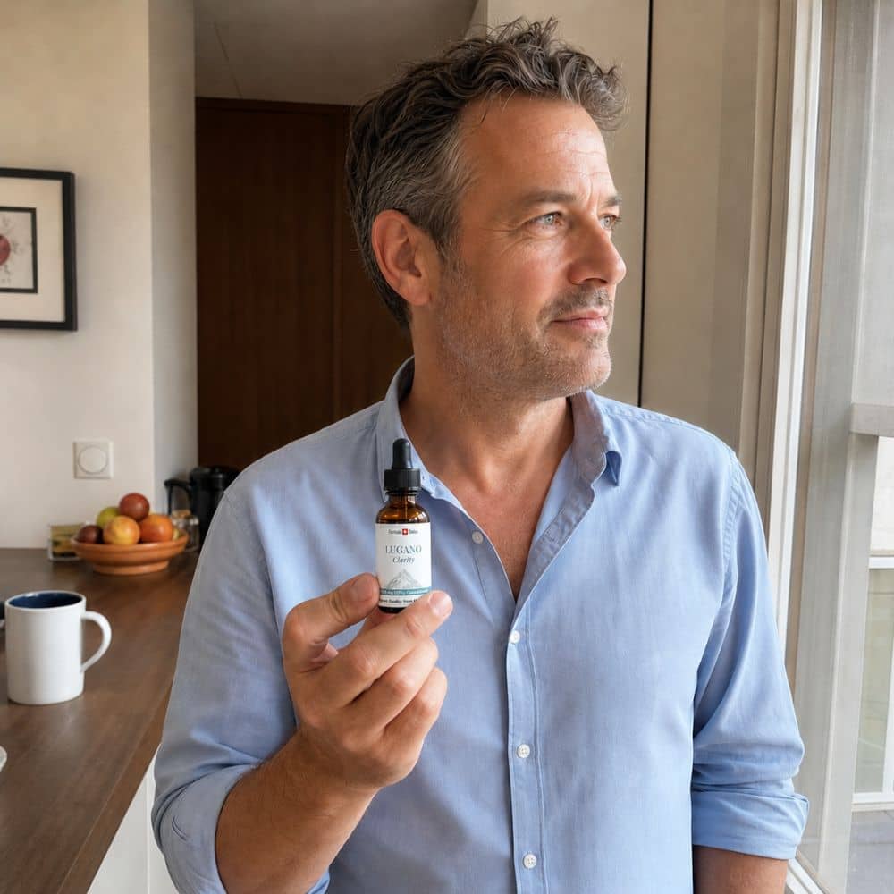 Mann hält eine Flasche CBD-Öl Lugano in einer Küche