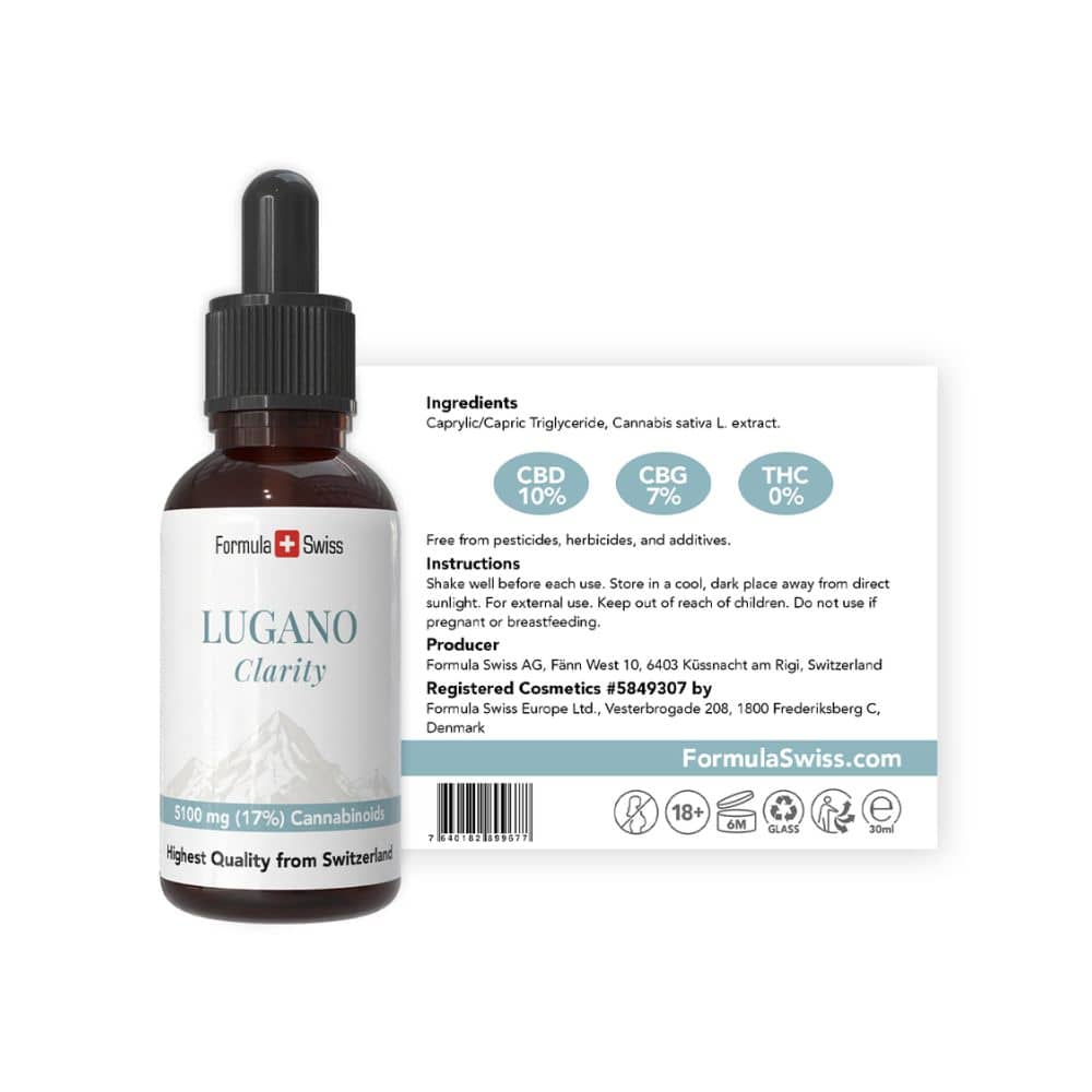 CBD-Pipettenflasche „Lugano Clarity“ von Formula Swiss auf weißem Hintergrund.