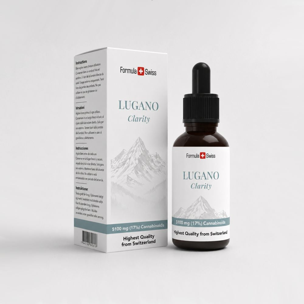 Formula Swiss Lugano Clarity – CBD-Öl 17 % THC-frei: Flasche und Schachtel