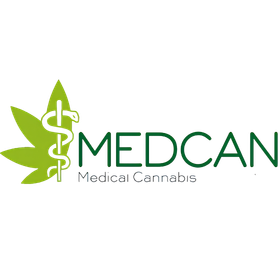 MEDCAN medizinisches Cannabis-Logo mit einem grünen Cannabisblatt und Apothekensymbol auf einem transparenten Hintergrund.