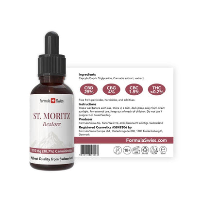 Formula Swiss St. Moritz Restore – CBD-Öl 30,7 % Vollspektrum: Flasche mit Etikett
