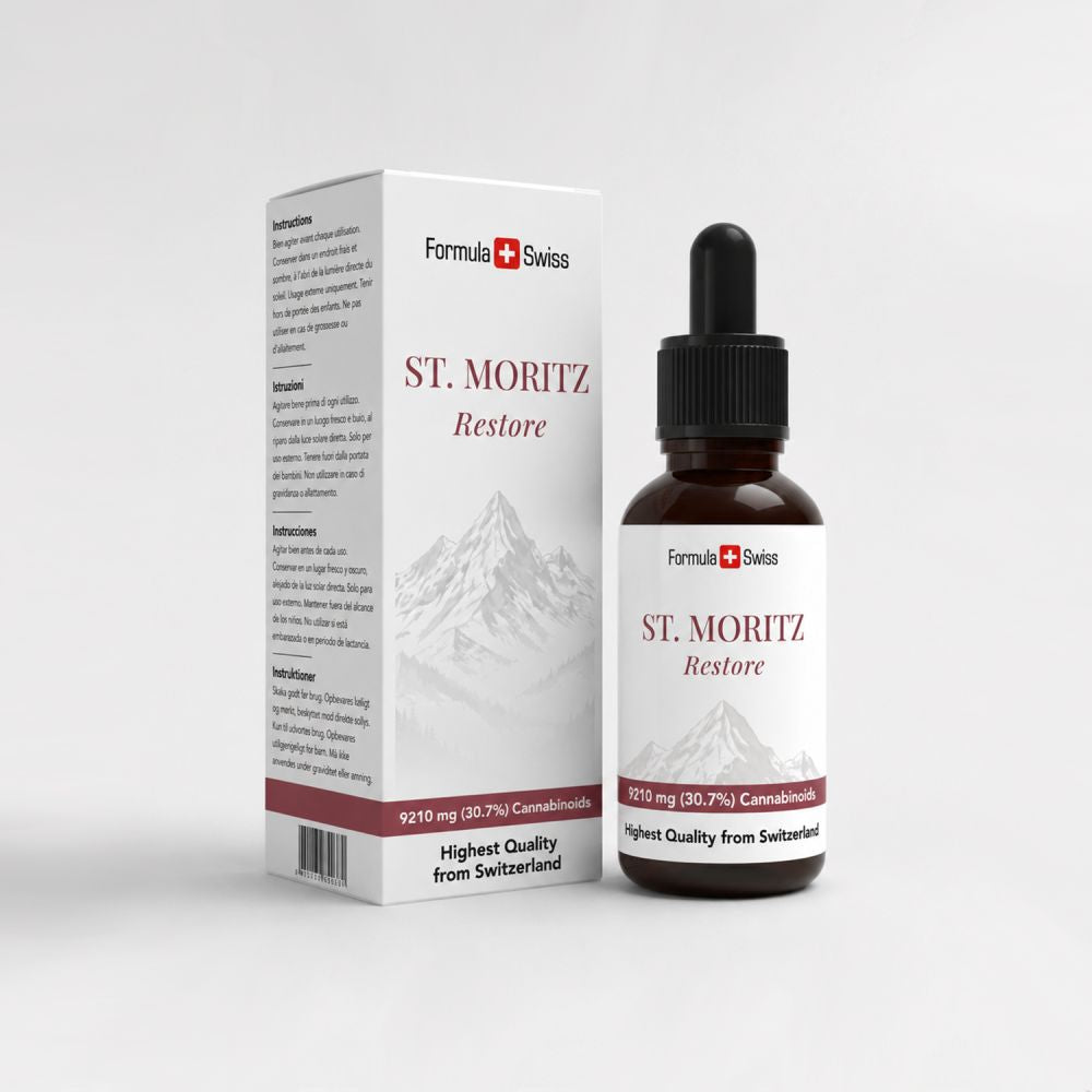 Formula Swiss St. Moritz Restore – CBD-Öl 30,7 % Vollspektrum: Flasche und Schachtel
