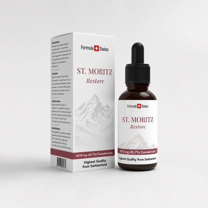 Formula Swiss St. Moritz Restore – CBD-Öl 30,7 % Vollspektrum: Flasche und Schachtel