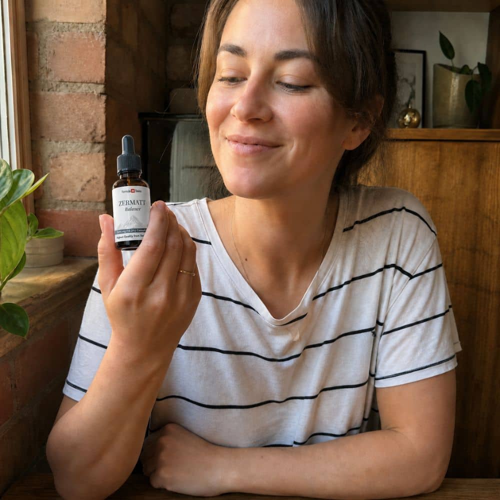 Frau hält eine Flasche CBD-Öl Zermatt in einem gemütlichen Wohnraum.