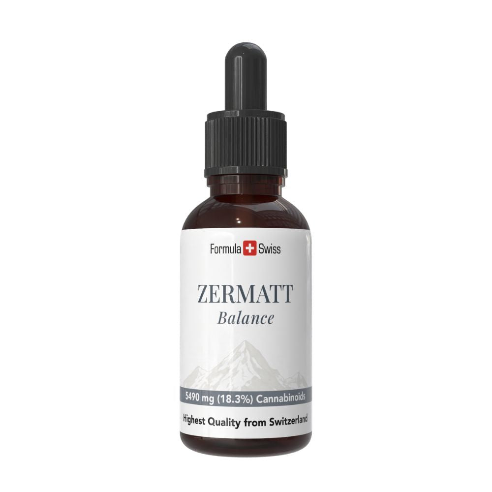 Flasche CBD-Öl Zermatt von Formula Swiss auf weißem Hintergrund