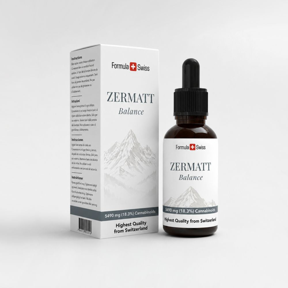 Verpackung von Zermatt Balance mit Flasche und Schachtel auf hellgrauem Hintergrund
